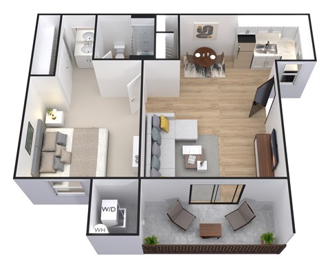 A 3D floor plan of a house showing all rooms and furniture.